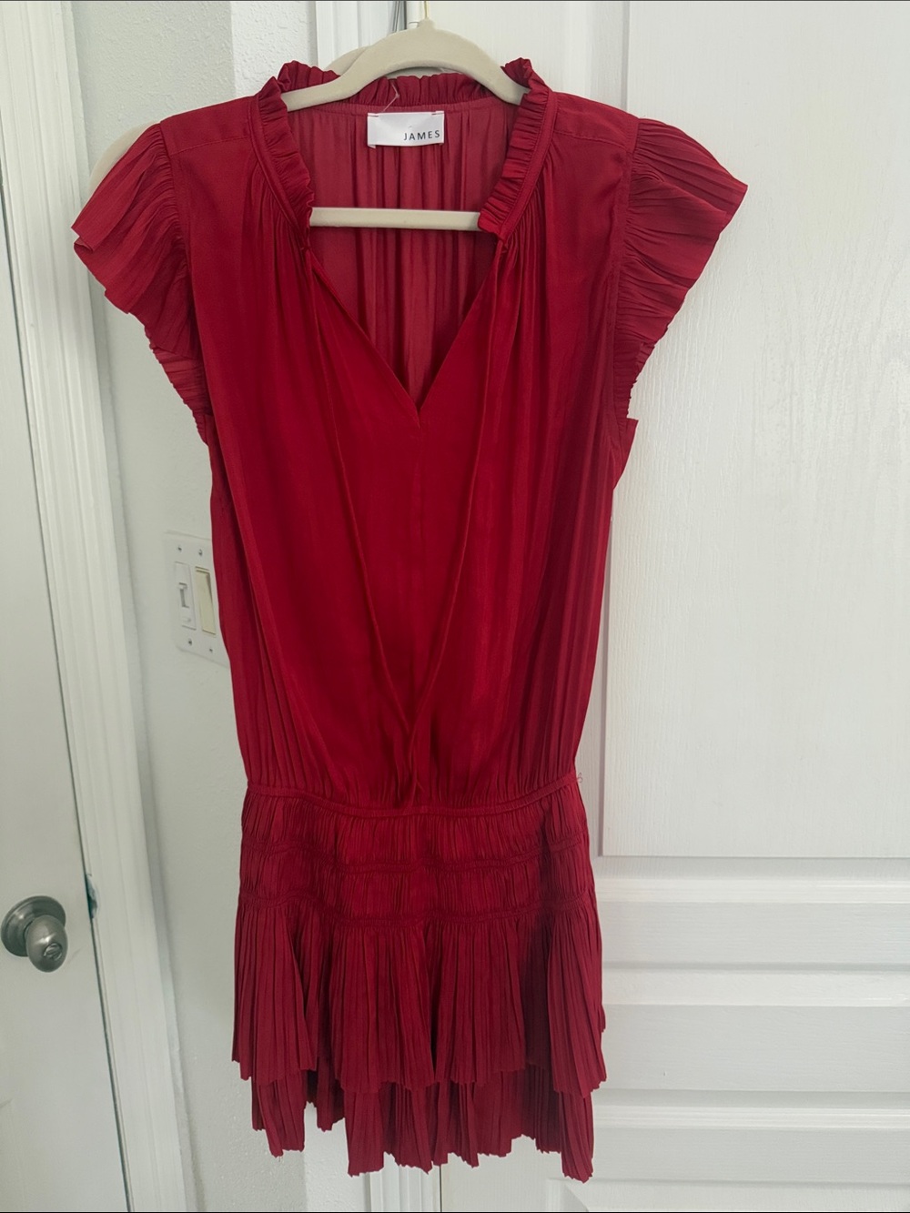 Red silk Pleated V-Neck Mini drop waist dress